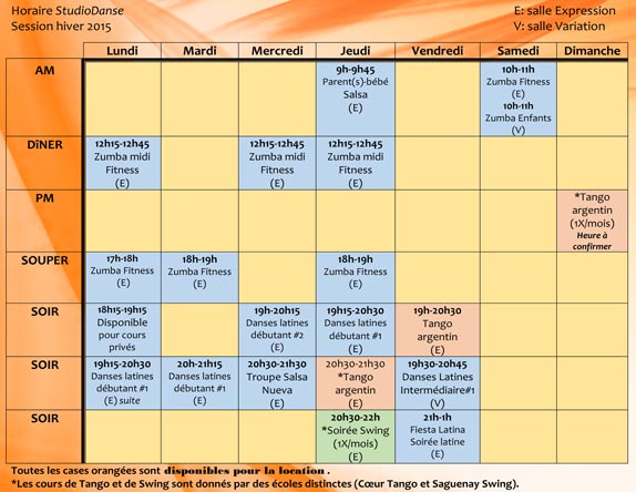 Horaire des cours de danse au StudioDanse