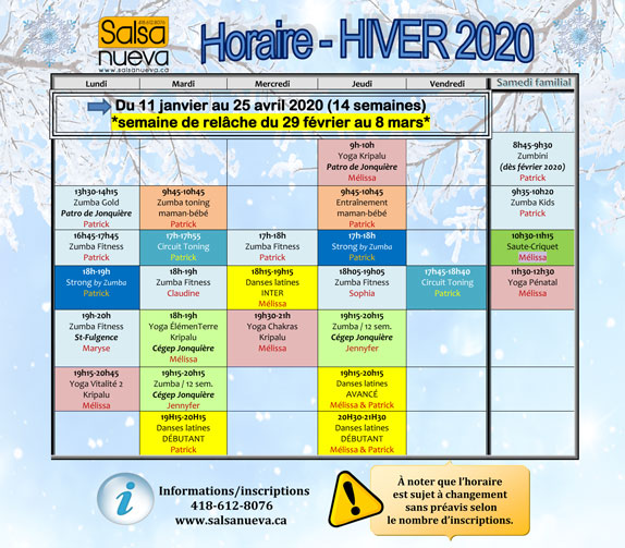 Horaire Salsa Nueva hiver 2020